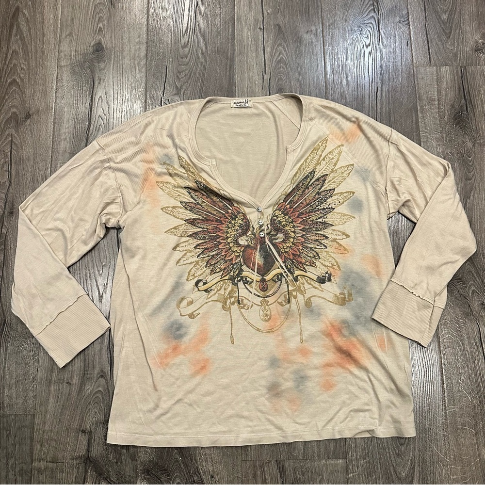Y2K One World Top Rhinestones Studded Grunge Punk Long Slv Shirt Plus 2X Wings